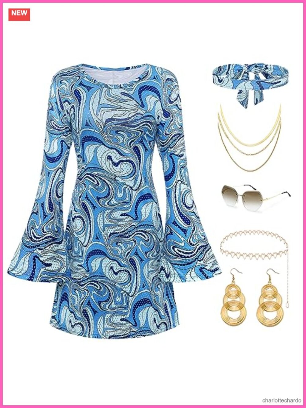 70s Disco Outfit Set Women Hippie Dress Costume Accessories Polyester